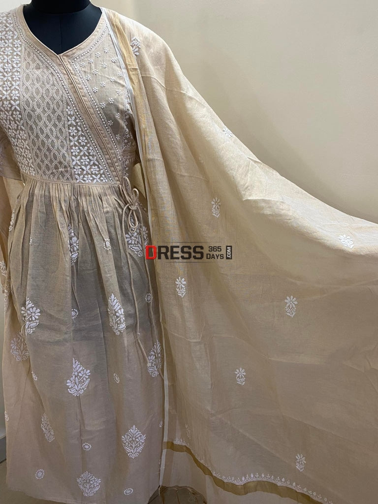 Tissue Chanderi Angrakha Style Chikankari Anarkali Suit