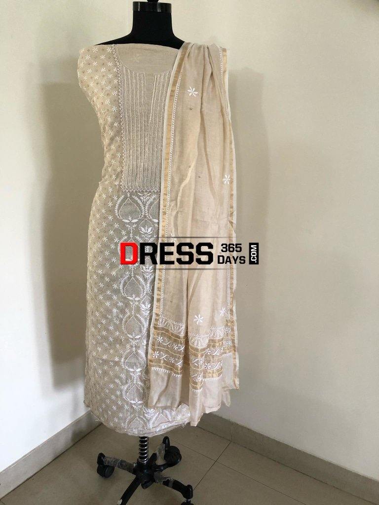 Tissue Chanderi Beads Andjaali Work Chikankari Suit Suits