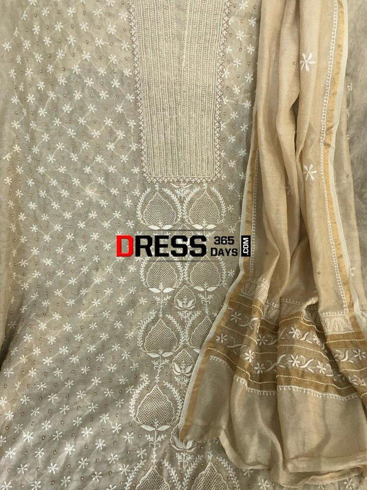 Tissue Chanderi Beads Andjaali Work Chikankari Suit Suits