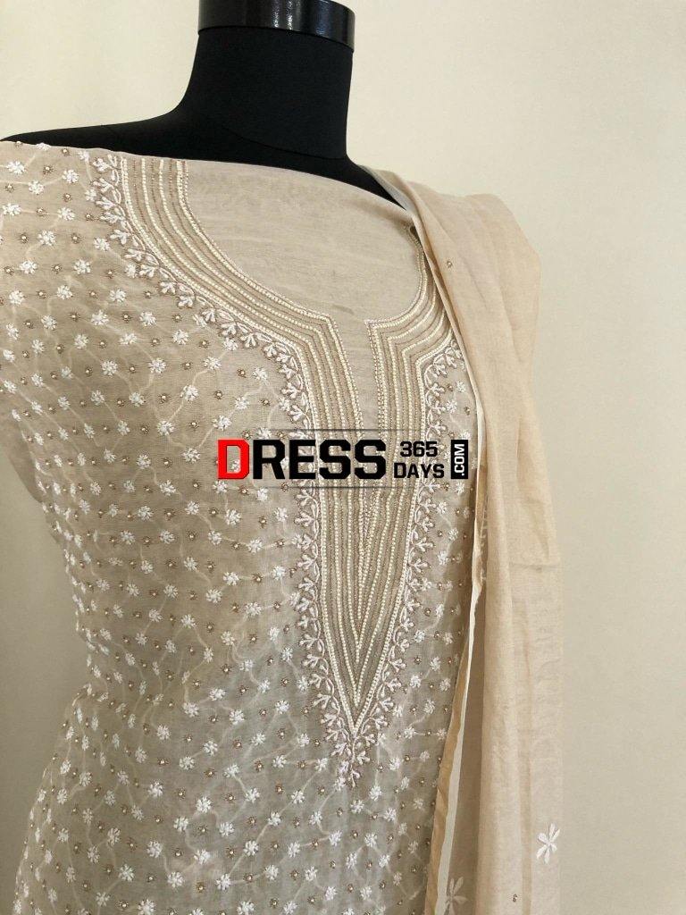 Tissue Chanderi Chikankari Suit With Beads Work Suits