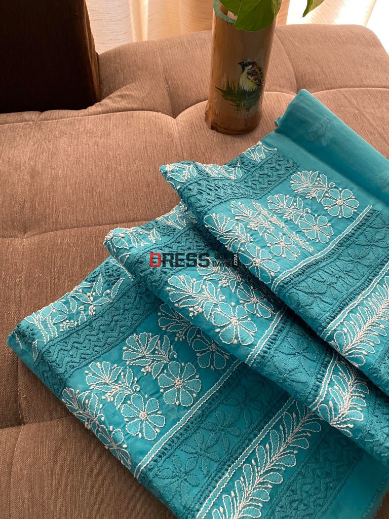 Turquoise Cotton Chikankari Kurti Fabric (Kurti Only)