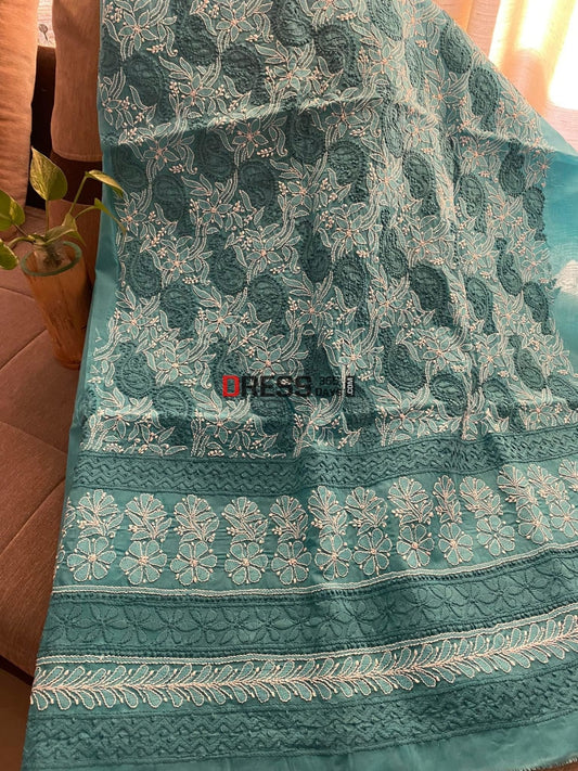 Turquoise Cotton Chikankari Kurti Fabric (Kurti Only)