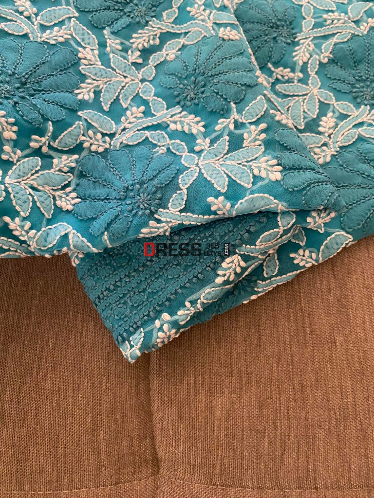 Turquoise Georgette Chikankari Kurti Fabric (Only Kurti)