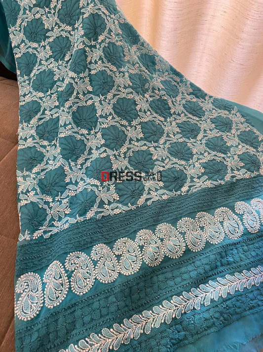 Turquoise Georgette Chikankari Kurti Fabric (Only Kurti)
