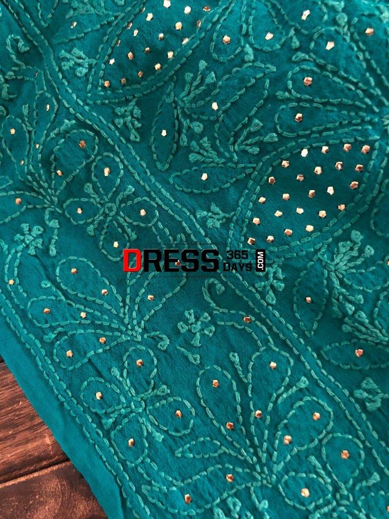 Turquoise Hand Embroidered Mukaish Chikankari Dupatta Suits