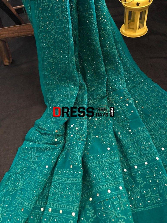 Turquoise Hand Embroidered Mukaish Chikankari Dupatta Suits