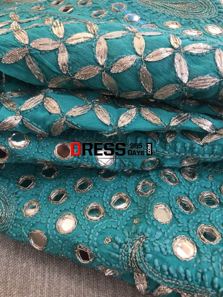 Turquoise Mirror Gota Patti Anarksli Suit Chikankari Anarkali