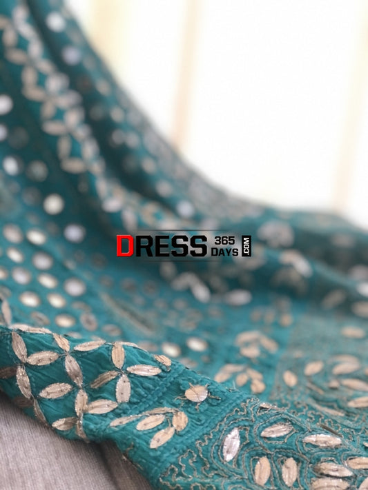 Turquoise Mirror Gota Patti Anarksli Suit Chikankari Anarkali