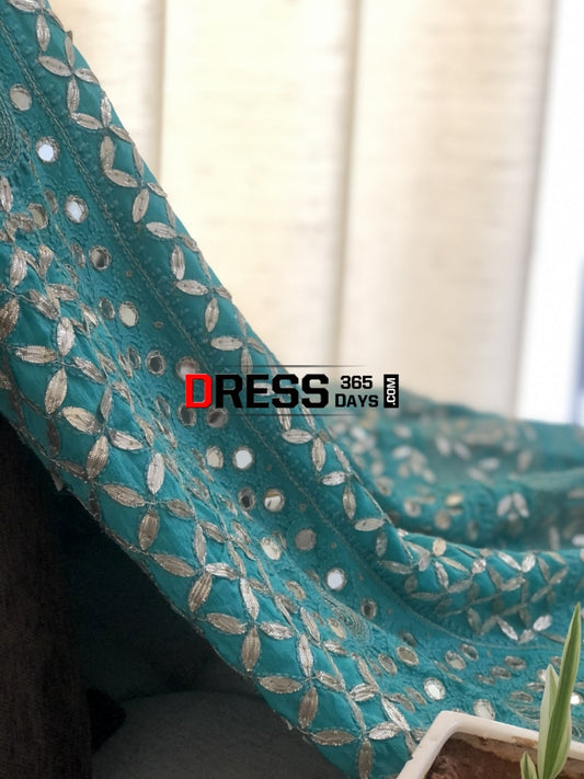 Turquoise Mirror Gota Patti Anarksli Suit Chikankari Anarkali