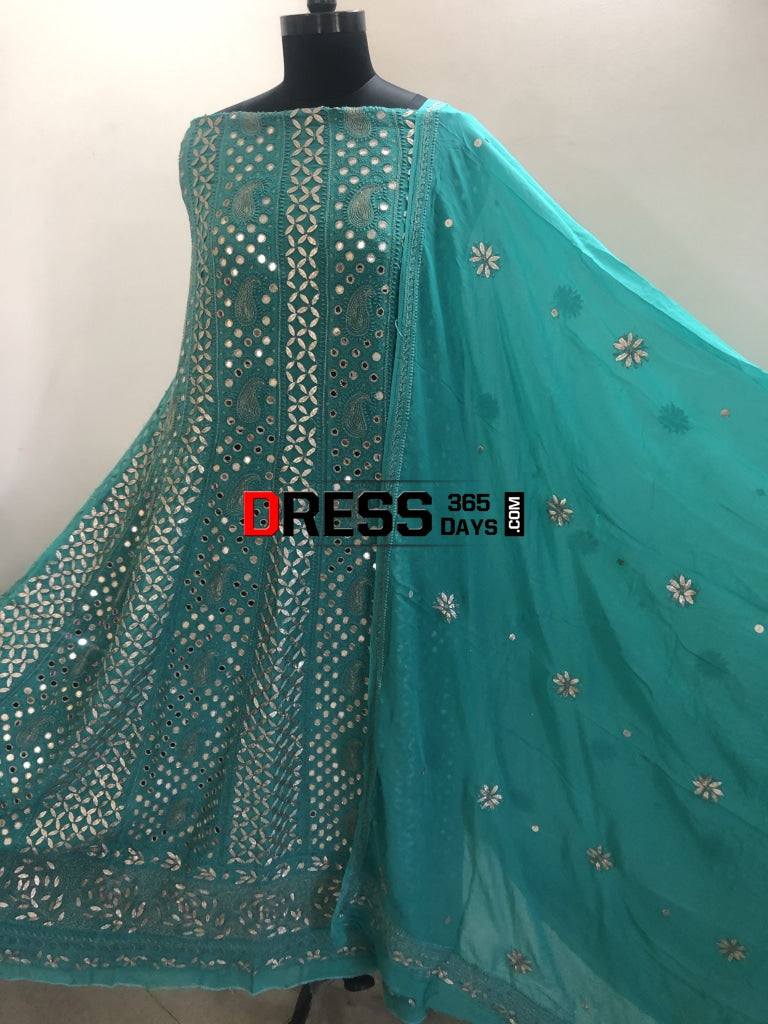 Turquoise Mirror Gota Patti Anarksli Suit Chikankari Anarkali