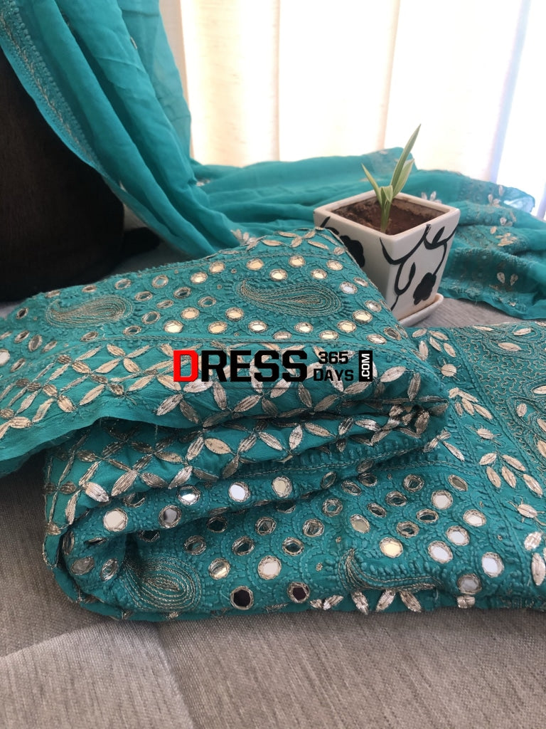 Turquoise Mirror Gota Patti Anarksli Suit Chikankari Anarkali