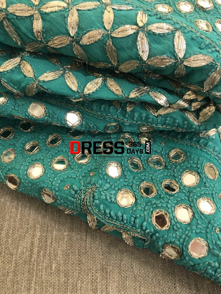 Turquoise Mirror Gota Patti Anarksli Suit Chikankari Anarkali