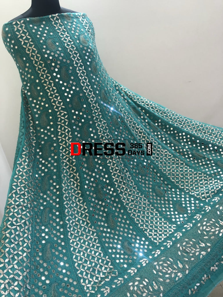 Turquoise Mirror Gota Patti Anarksli Suit Chikankari Anarkali