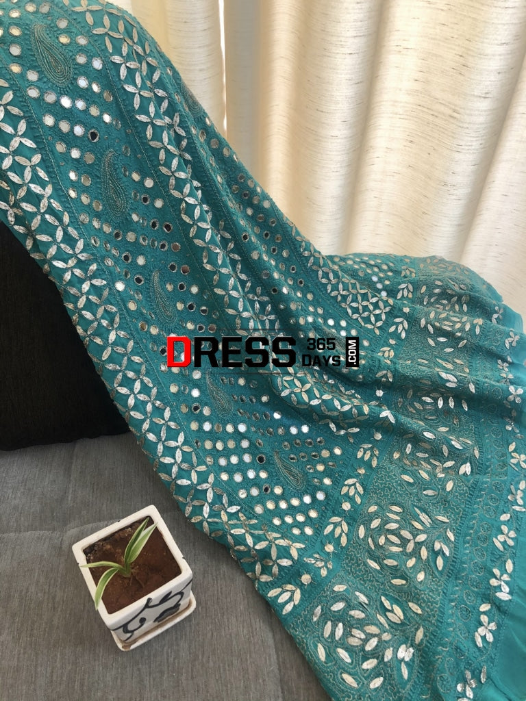 Turquoise Mirror Gota Patti Anarksli Suit Chikankari Anarkali
