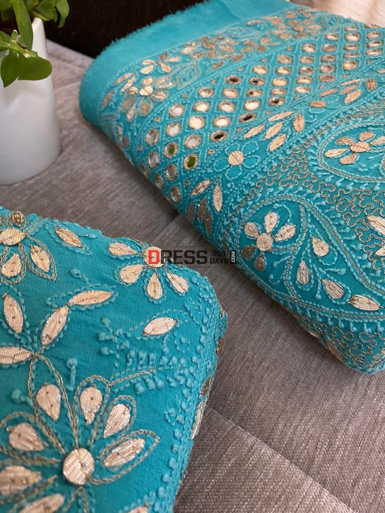 Turquoise Mirror Gota Patti Chikankari Lehenga Set