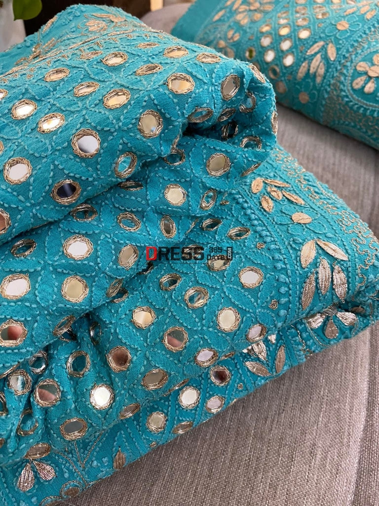 Turquoise Mirror Gota Patti Chikankari Lehenga Set