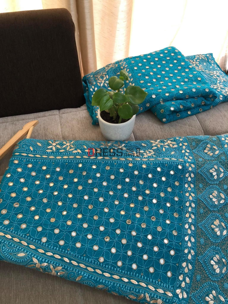 Turquoise Mirror & Gota Patti Lucknowi Chikankari Lehenga Set