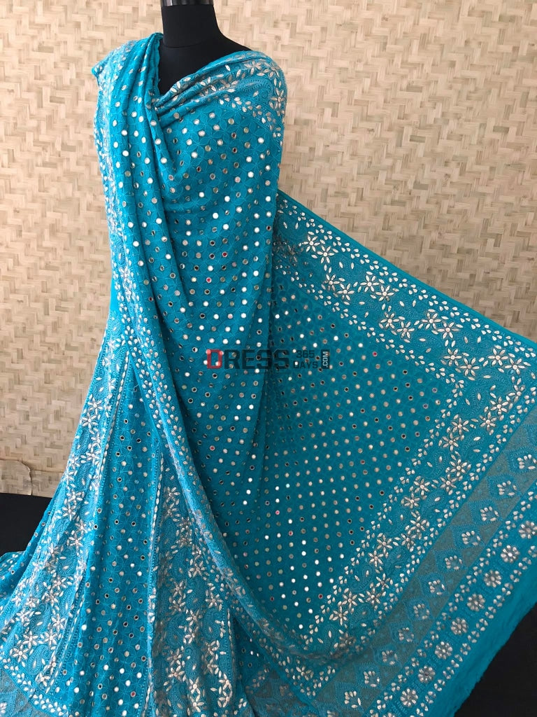 Turquoise Mirror & Gota Patti Lucknowi Chikankari Lehenga Set