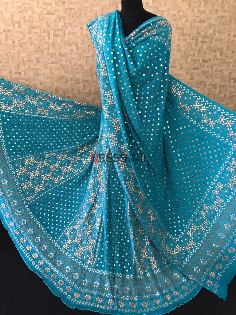 Turquoise Mirror & Gota Patti Lucknowi Chikankari Lehenga Set