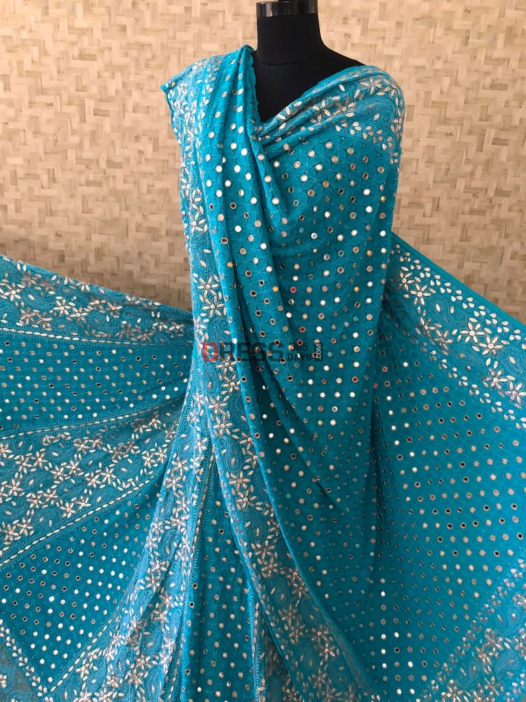 Turquoise Mirror & Gota Patti Lucknowi Chikankari Lehenga Set