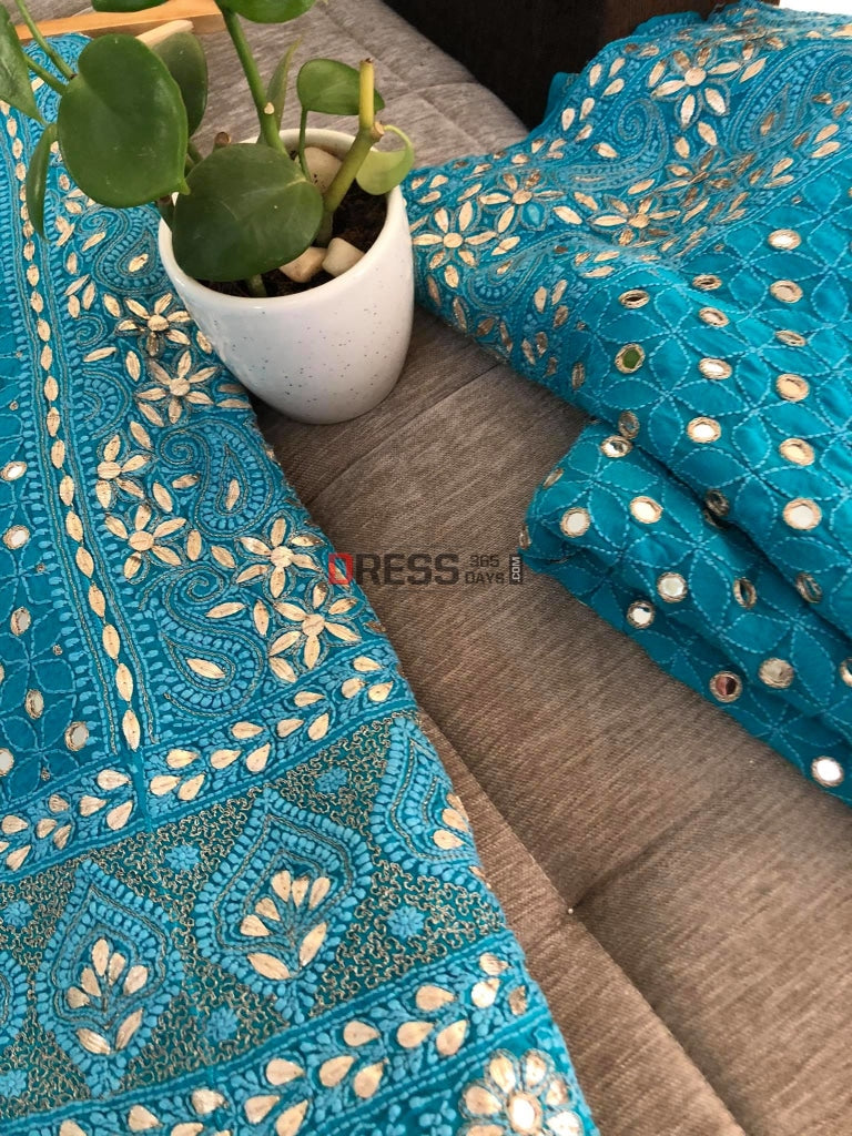 Turquoise Mirror & Gota Patti Lucknowi Chikankari Lehenga Set