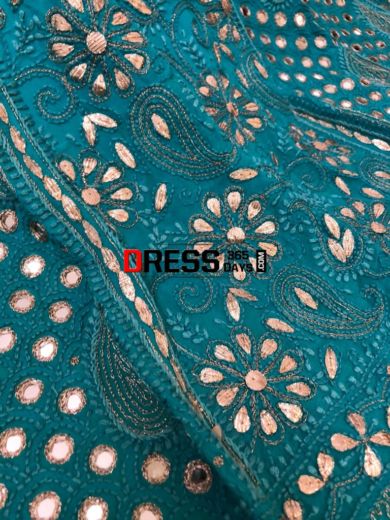 Turquoise Mirror Gota Patti & Pearl Lucknowi Lehenga Set Chikankari