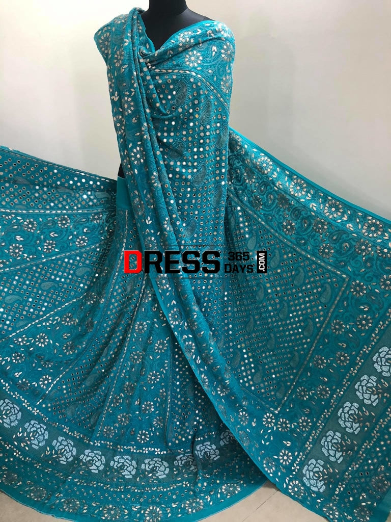 Turquoise Mirror Gota Patti & Pearl Lucknowi Lehenga Set Chikankari