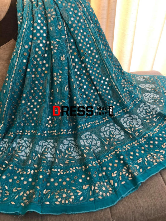 Turquoise Mirror Gota Patti & Pearl Lucknowi Lehenga Set Chikankari