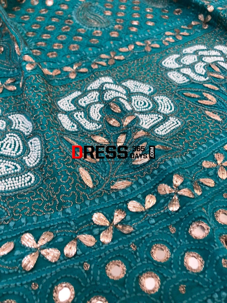 Turquoise Mirror Gota Patti & Pearl Lucknowi Lehenga Set Chikankari