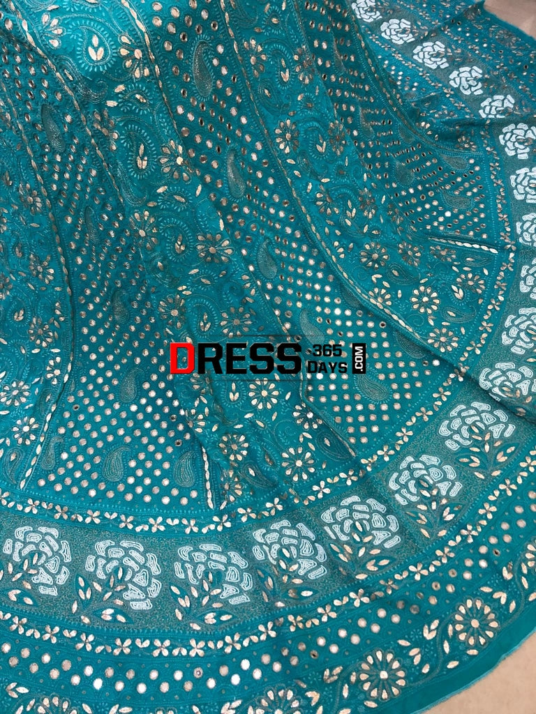 Turquoise Mirror Gota Patti & Pearl Lucknowi Lehenga Set Chikankari