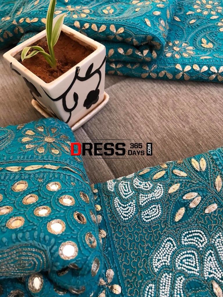 Turquoise Mirror Gota Patti & Pearl Lucknowi Lehenga Set Chikankari