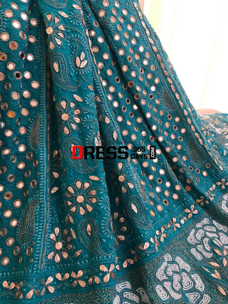 Turquoise Mirror Gota Patti & Pearl Lucknowi Lehenga Set Chikankari