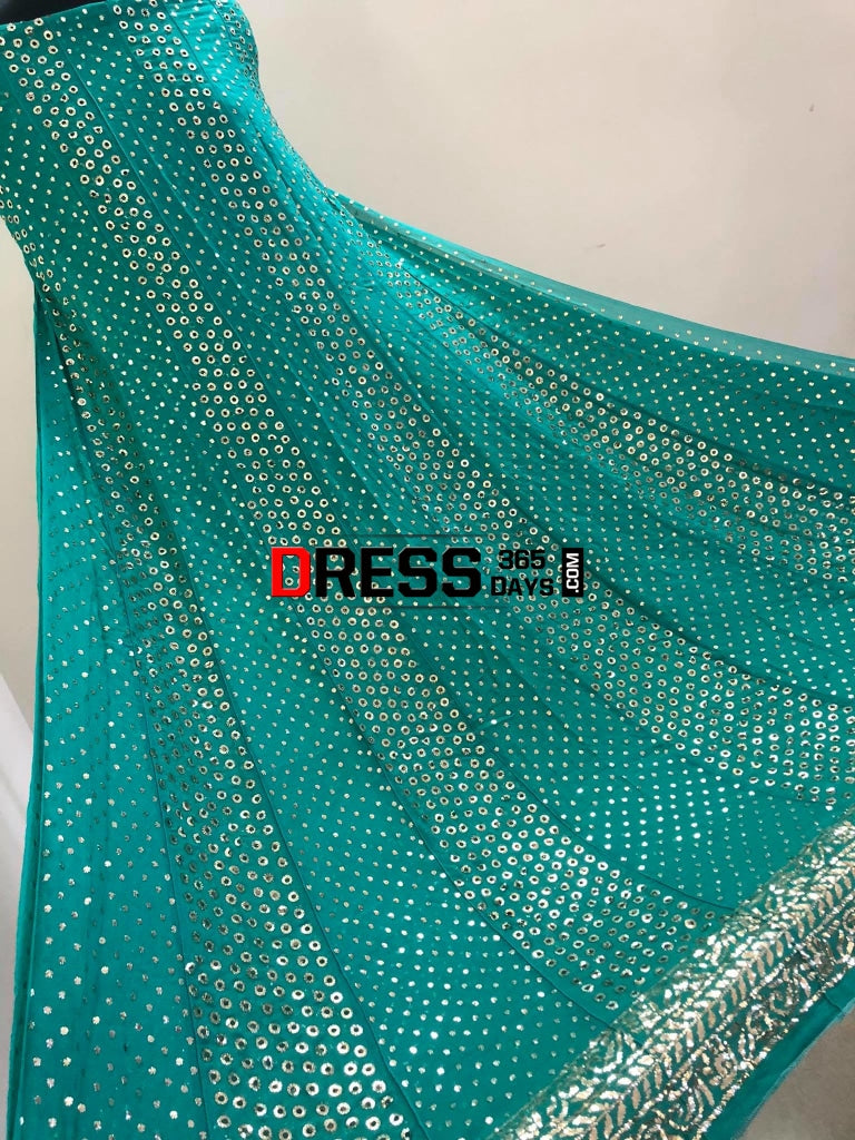 Turquoise Ring Mukaish Anarkali Suit Chikankari