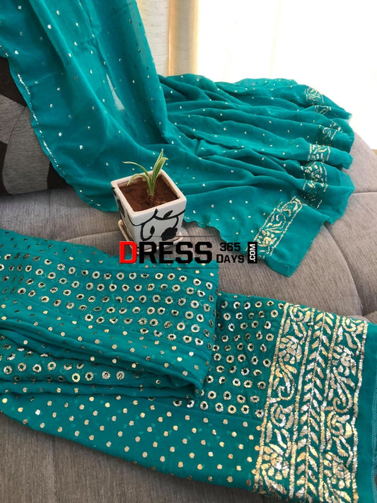 Turquoise Ring Mukaish Anarkali Suit Chikankari