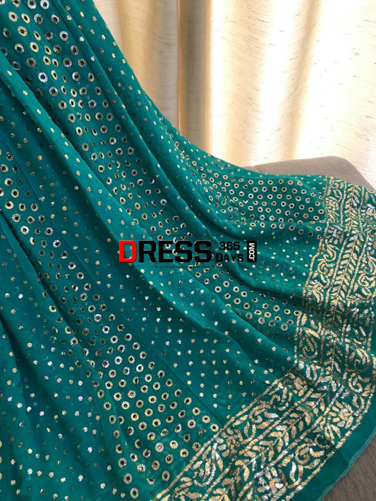 Turquoise Ring Mukaish Anarkali Suit Chikankari