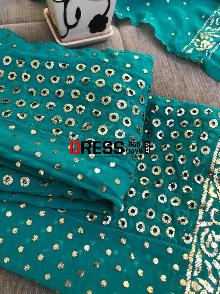 Turquoise Ring Mukaish Anarkali Suit Chikankari
