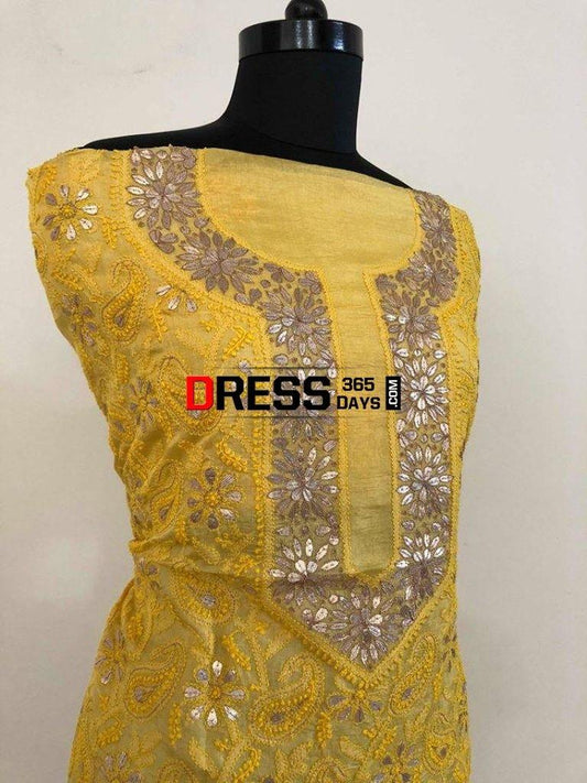 Tussar Silk Chikankari Gota Patti Kurti Fabric