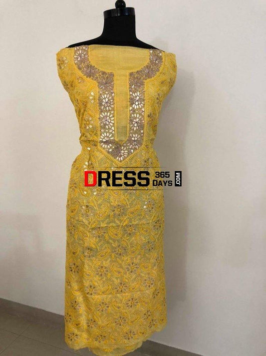 Tussar Silk Chikankari Gota Patti Kurti Fabric