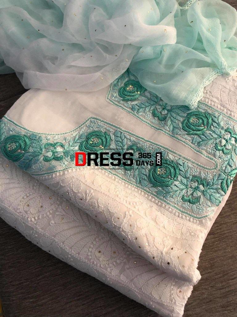 White And Green Lucknowi Chikankari Georgette Suit Suits
