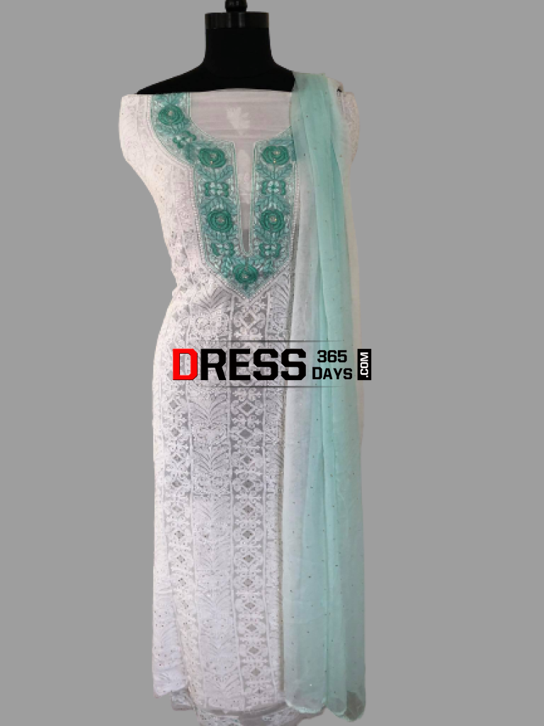 White And Green Lucknowi Chikankari Georgette Suit Suits