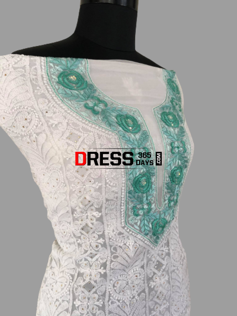 White And Green Lucknowi Chikankari Georgette Suit Suits