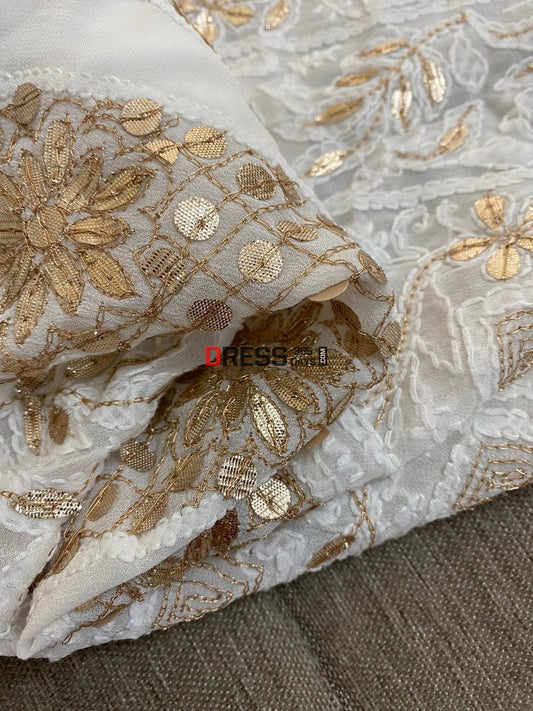White Chikankari Gota Patti Neckline Kurta Dupatta Set Suits