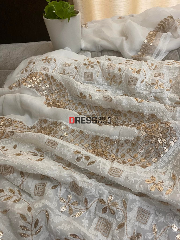 White Chikankari Gota Patti Neckline Kurta Dupatta Set Suits