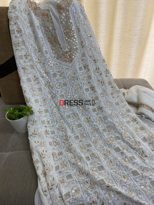 White Chikankari Gota Patti Neckline Kurta Dupatta Set Suits