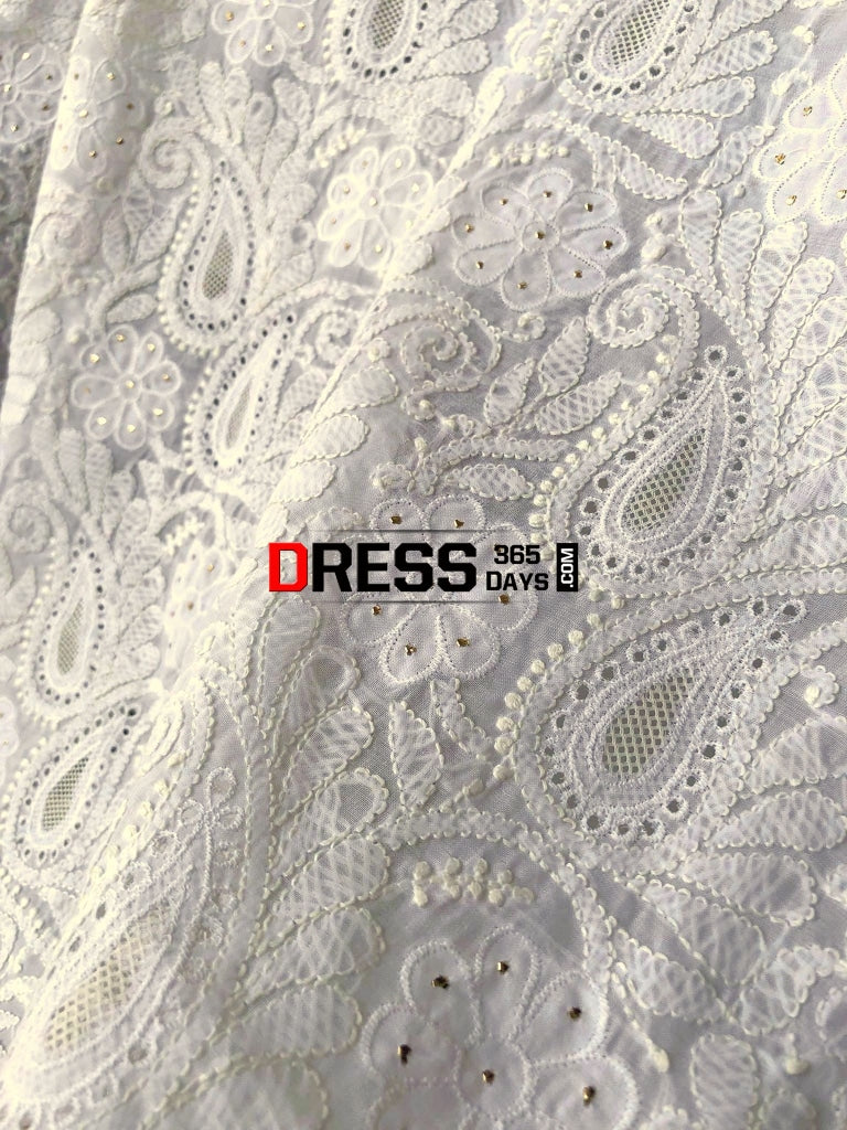 White Chikankari Kurti Fabric With Applique And Mukaish Work