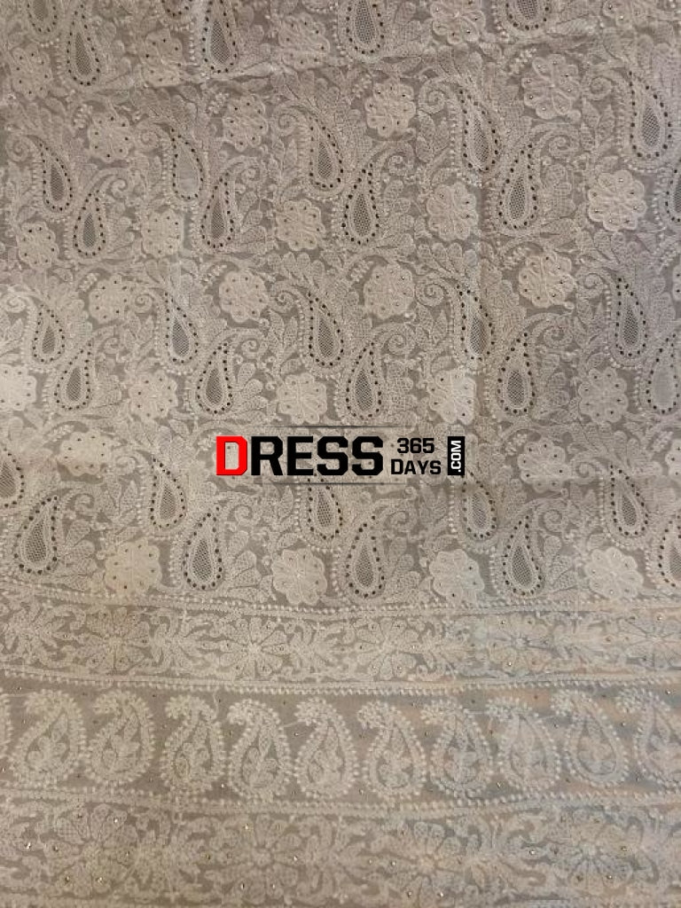 White Chikankari Kurti Fabric With Applique And Mukaish Work