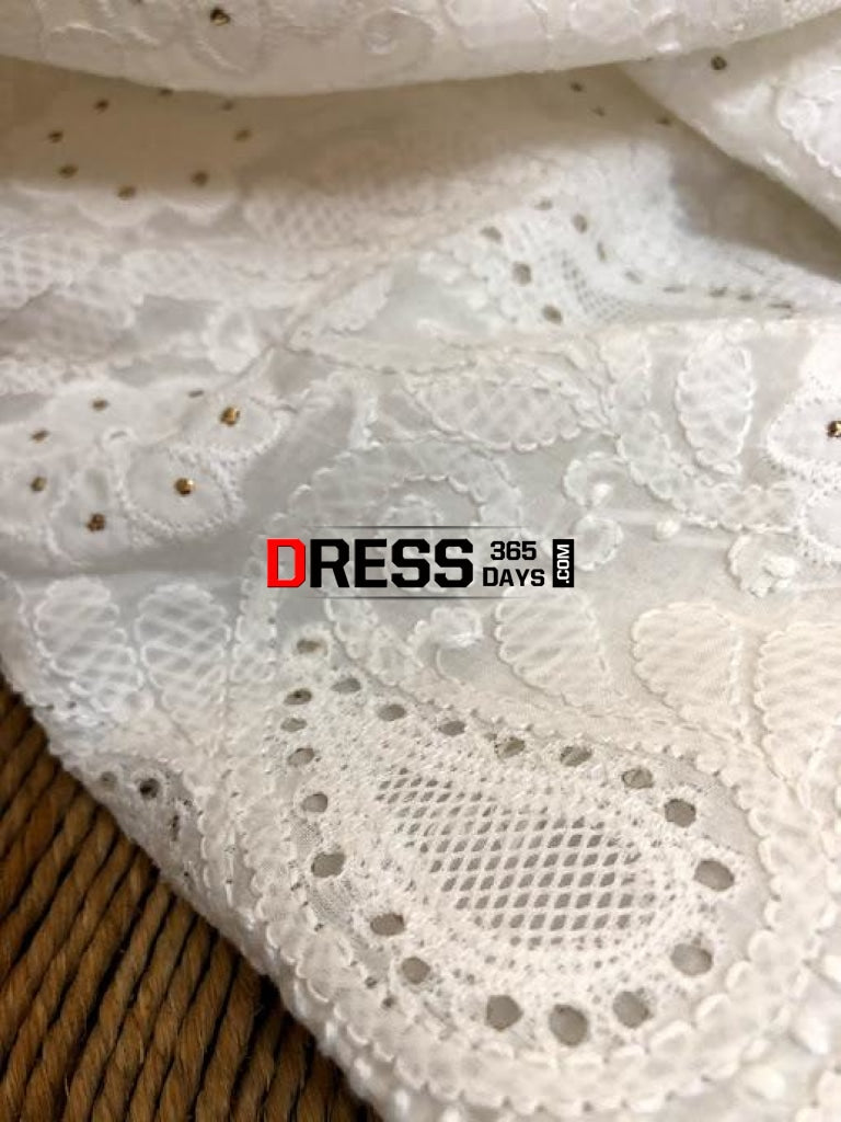 White Chikankari Kurti Fabric With Applique And Mukaish Work