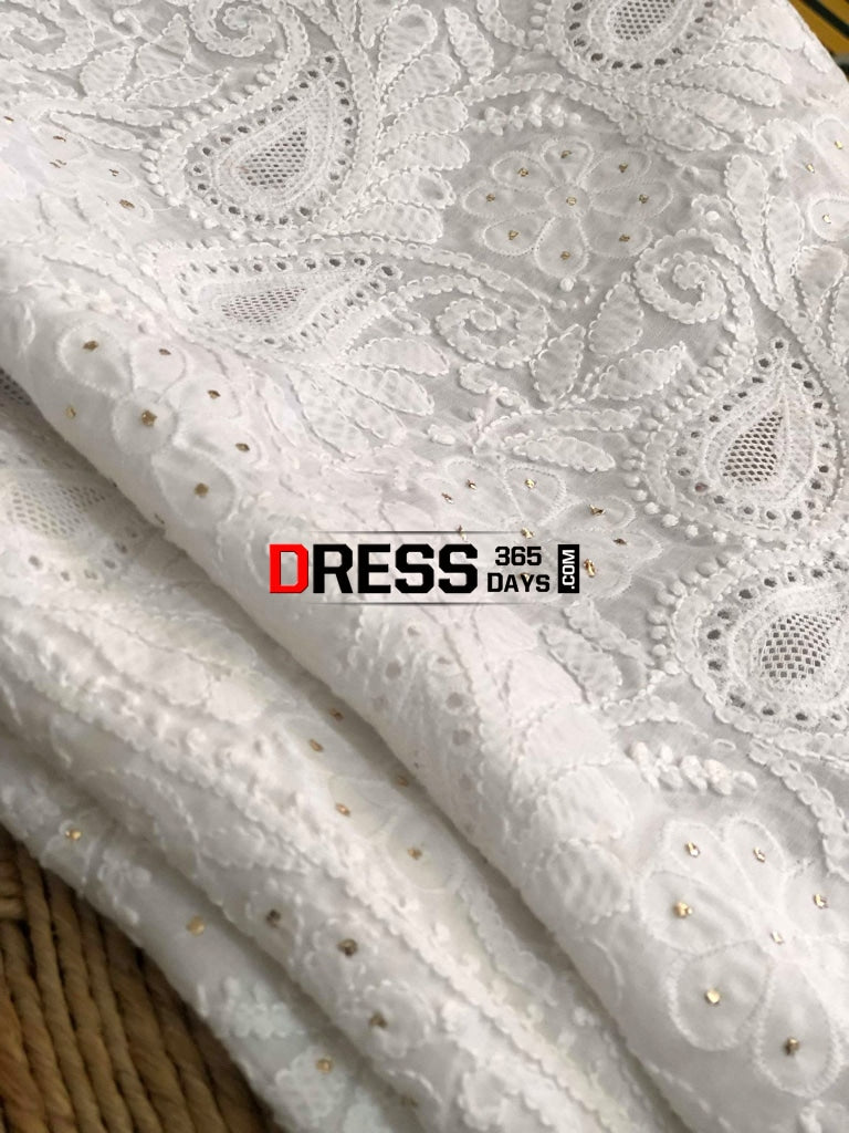 White Chikankari Kurti Fabric With Applique And Mukaish Work
