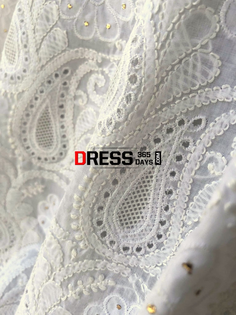 White Chikankari Kurti Fabric With Applique And Mukaish Work
