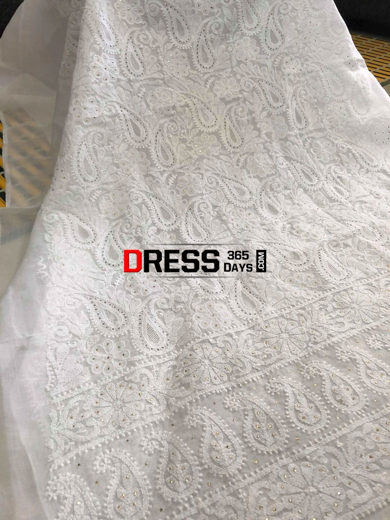 White Chikankari Kurti Fabric With Applique And Mukaish Work